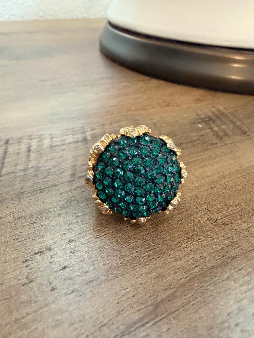 Vintage 1960’s Green Pavé Round Cocktail Ring Adjustable Gold Tone